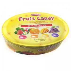 Anpassad ovalformad frukt godis tennlåda med präglad logotyp